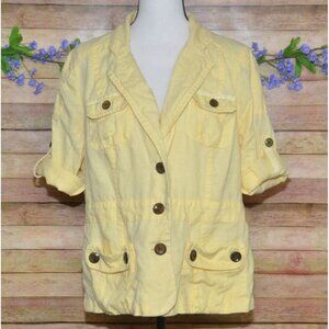 Chico's Butter Yellow Button Front Linen Jacket Size 3 XL 3/4 Roll Tab Sleeves